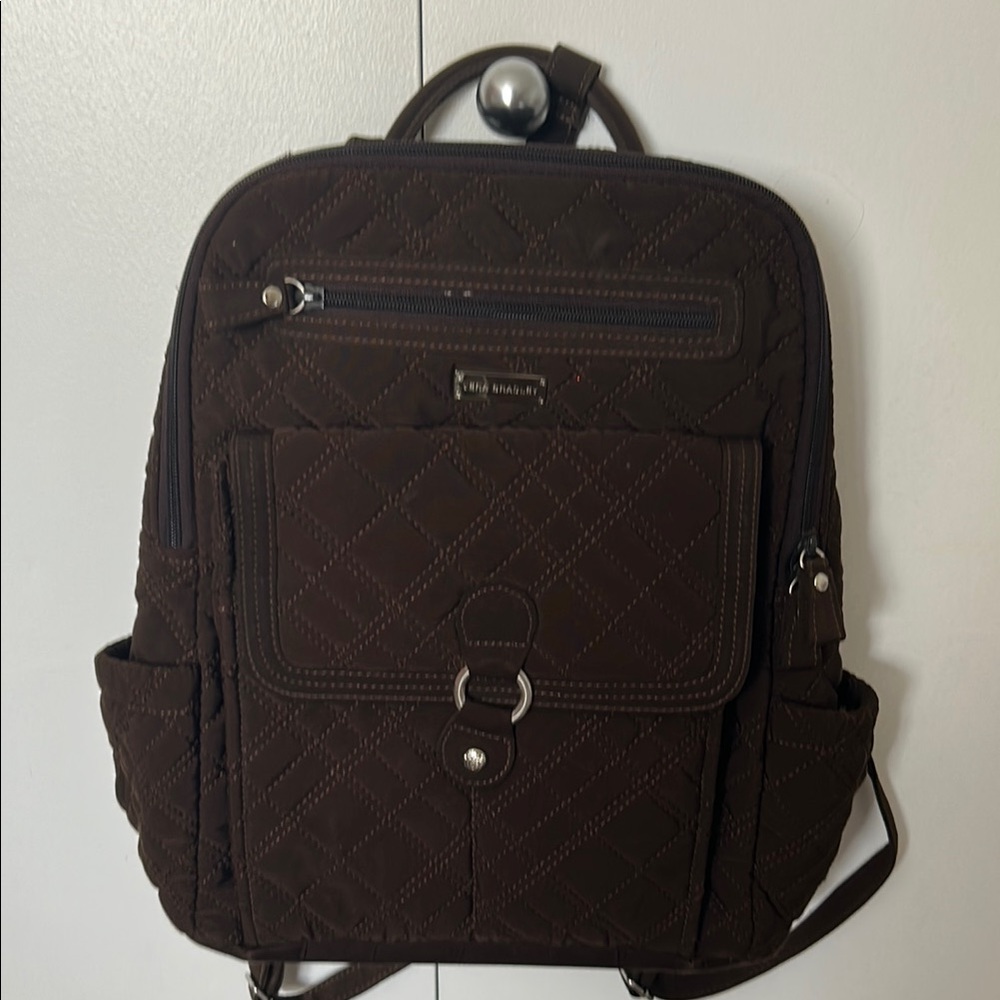 Vera Bradley Brown and Silver Backpack with Textured Fabric and Metal Details
